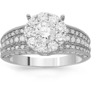 14K Solid White Gold Womens Diamond Cocktail Ring 1.91 Ctw