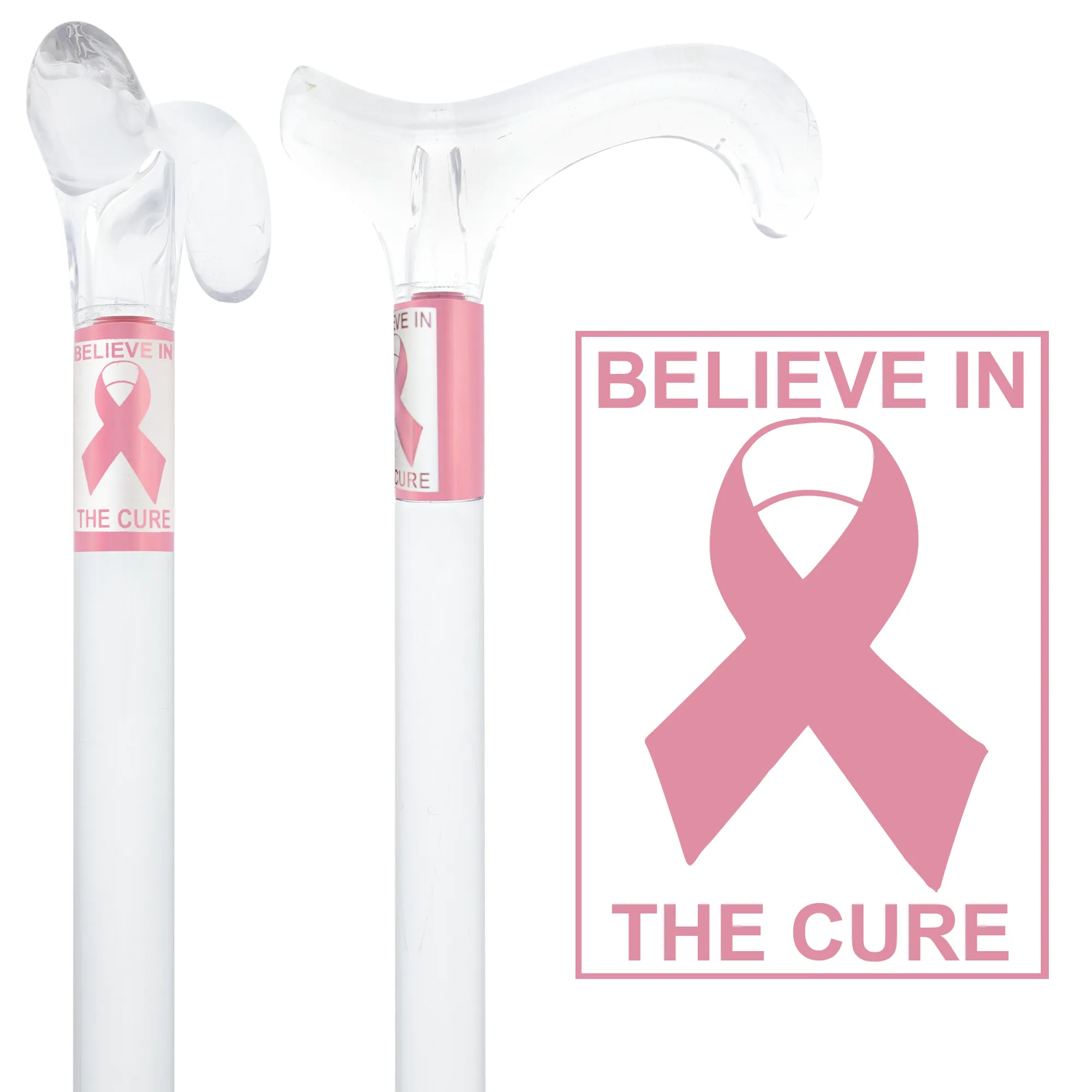 Believe in the Cure - Engraved Clear Lucite Derby Handle Walking Cane with Lucite Shaft