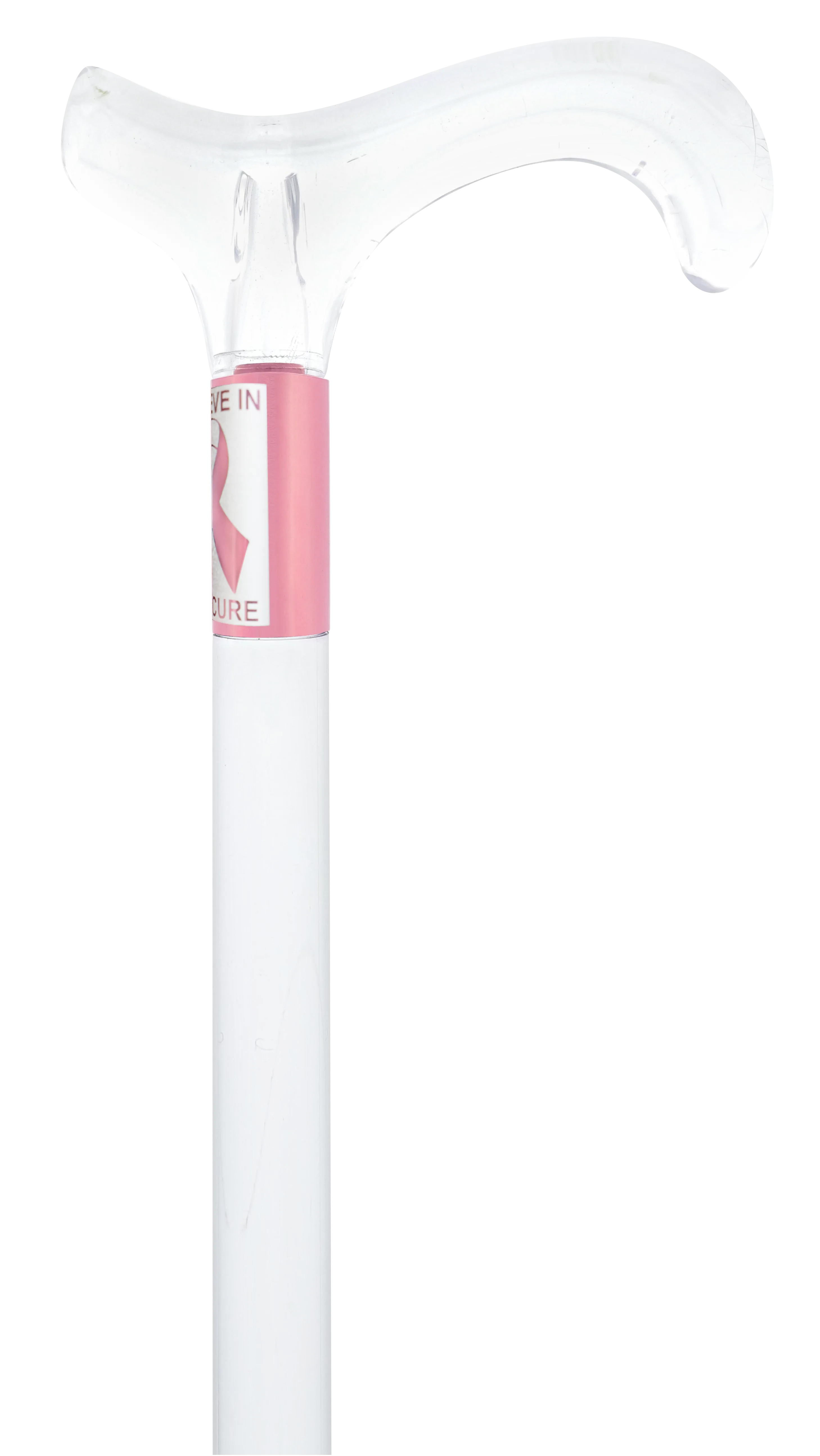Believe in the Cure - Engraved Clear Lucite Derby Handle Walking Cane with Lucite Shaft