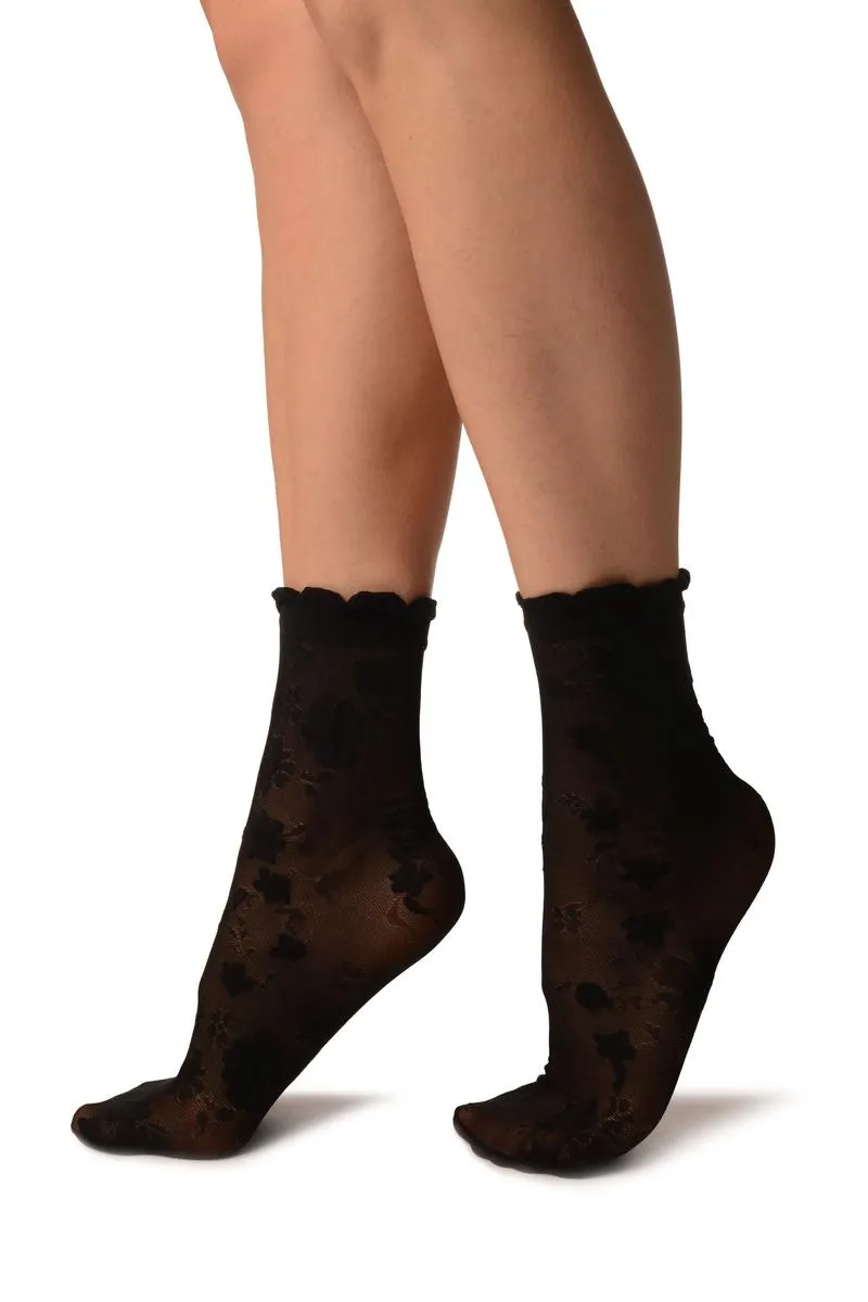 Black Micro Mesh With Flowers Ankle High Socks With Comfort Top