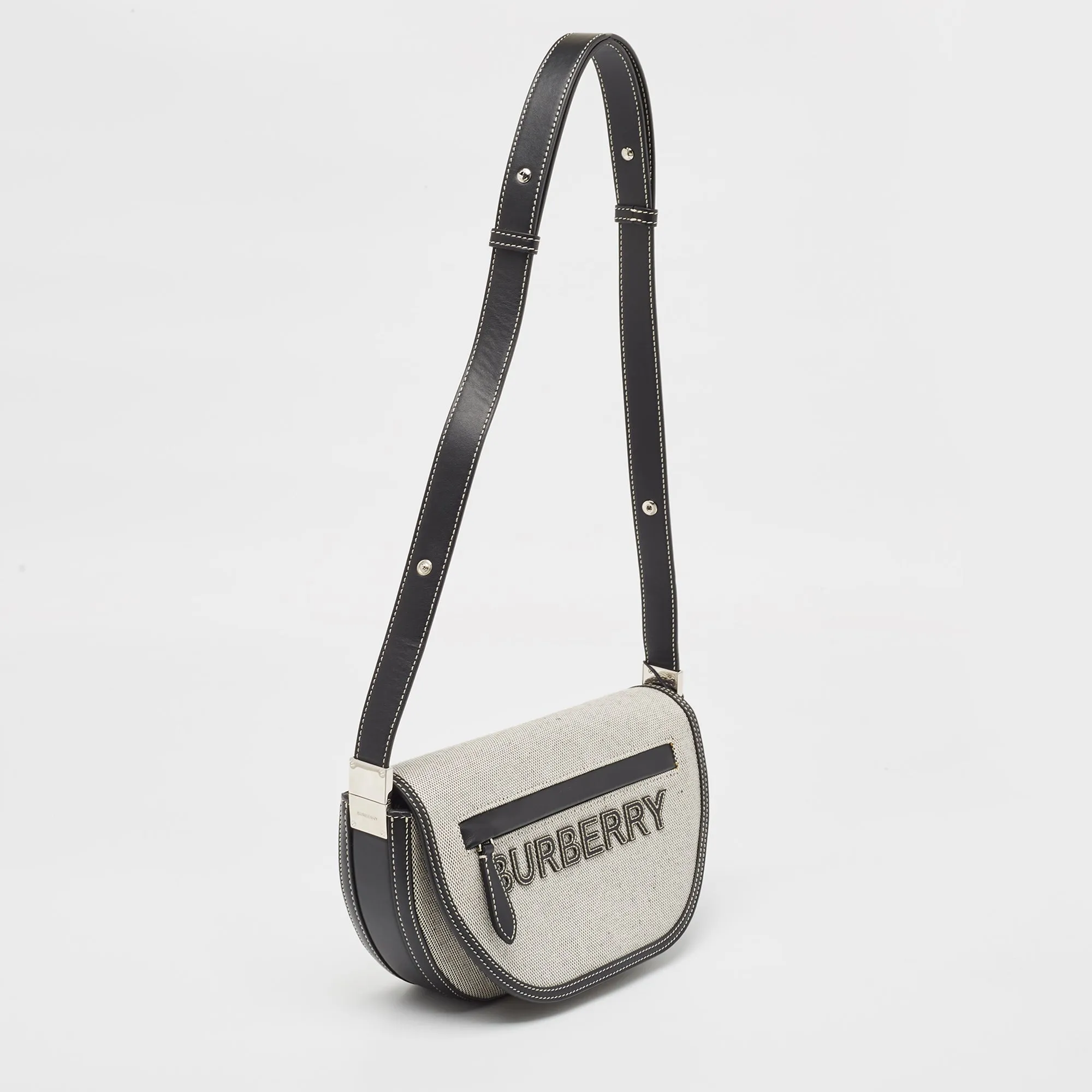 BURBERRY Black/White Canvas and Leather Small Olympia Shoulder Bag