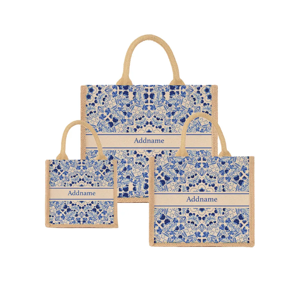 Chinese Porcelain Blue Jute Tote Bag