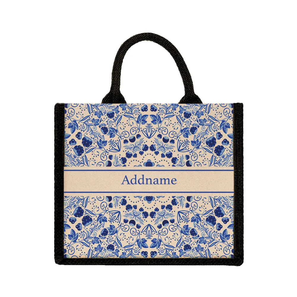 Chinese Porcelain Blue Jute Tote Bag