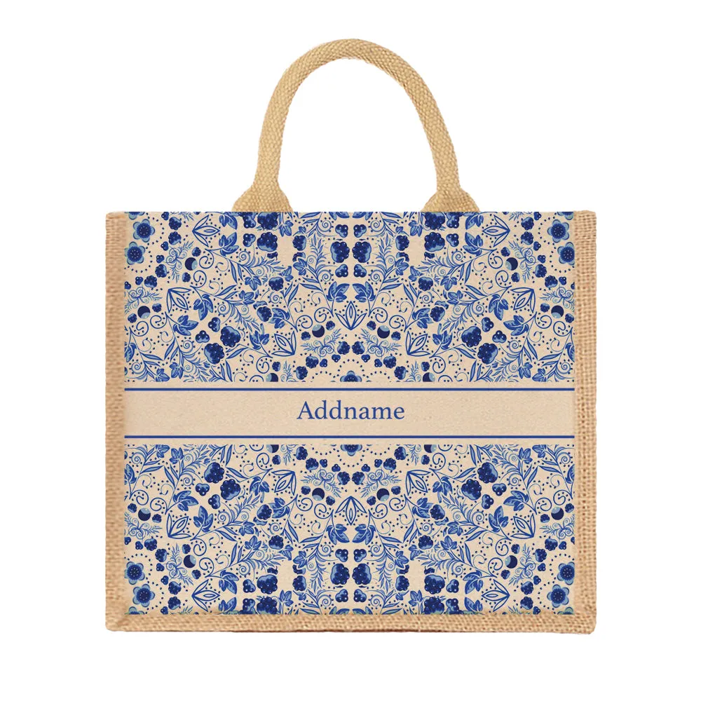 Chinese Porcelain Blue Jute Tote Bag