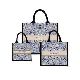 Chinese Porcelain Blue Jute Tote Bag