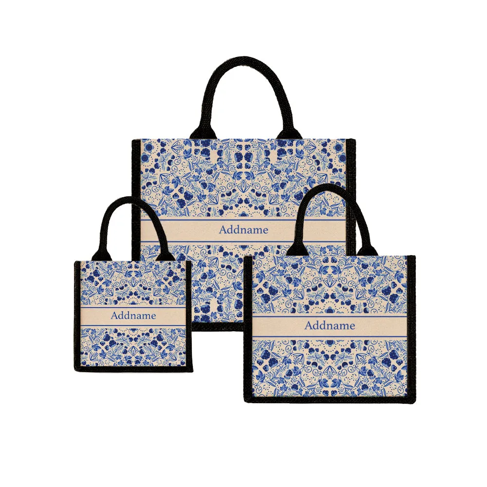 Chinese Porcelain Blue Jute Tote Bag
