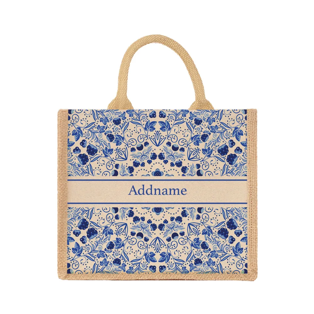 Chinese Porcelain Blue Jute Tote Bag