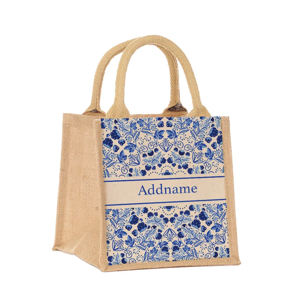 Chinese Porcelain Blue Jute Tote Bag