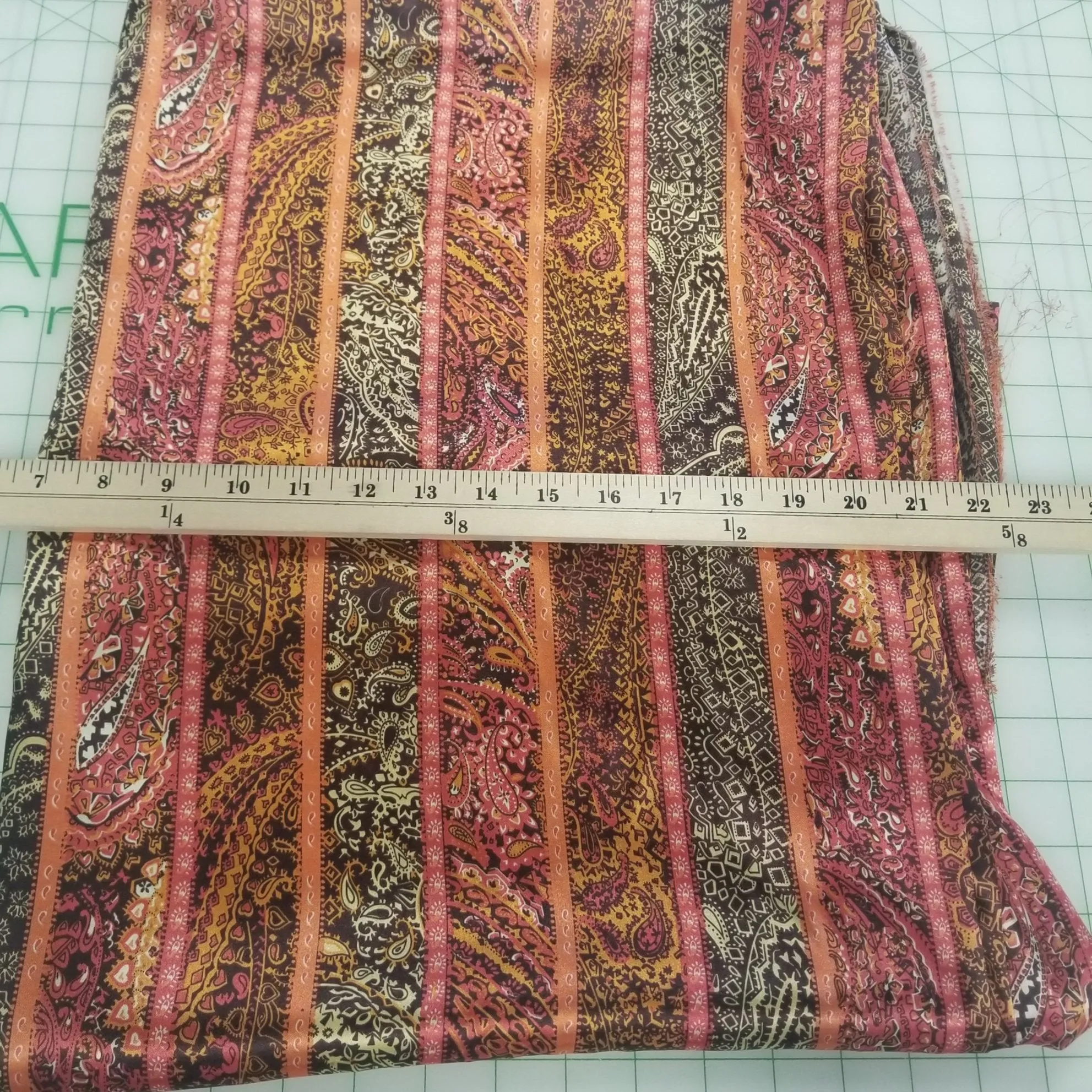 End of Bolt: 3-1/8th yards of  Satin Charmeuse Orange and Brown Vertical Stripe Woven- Remnant