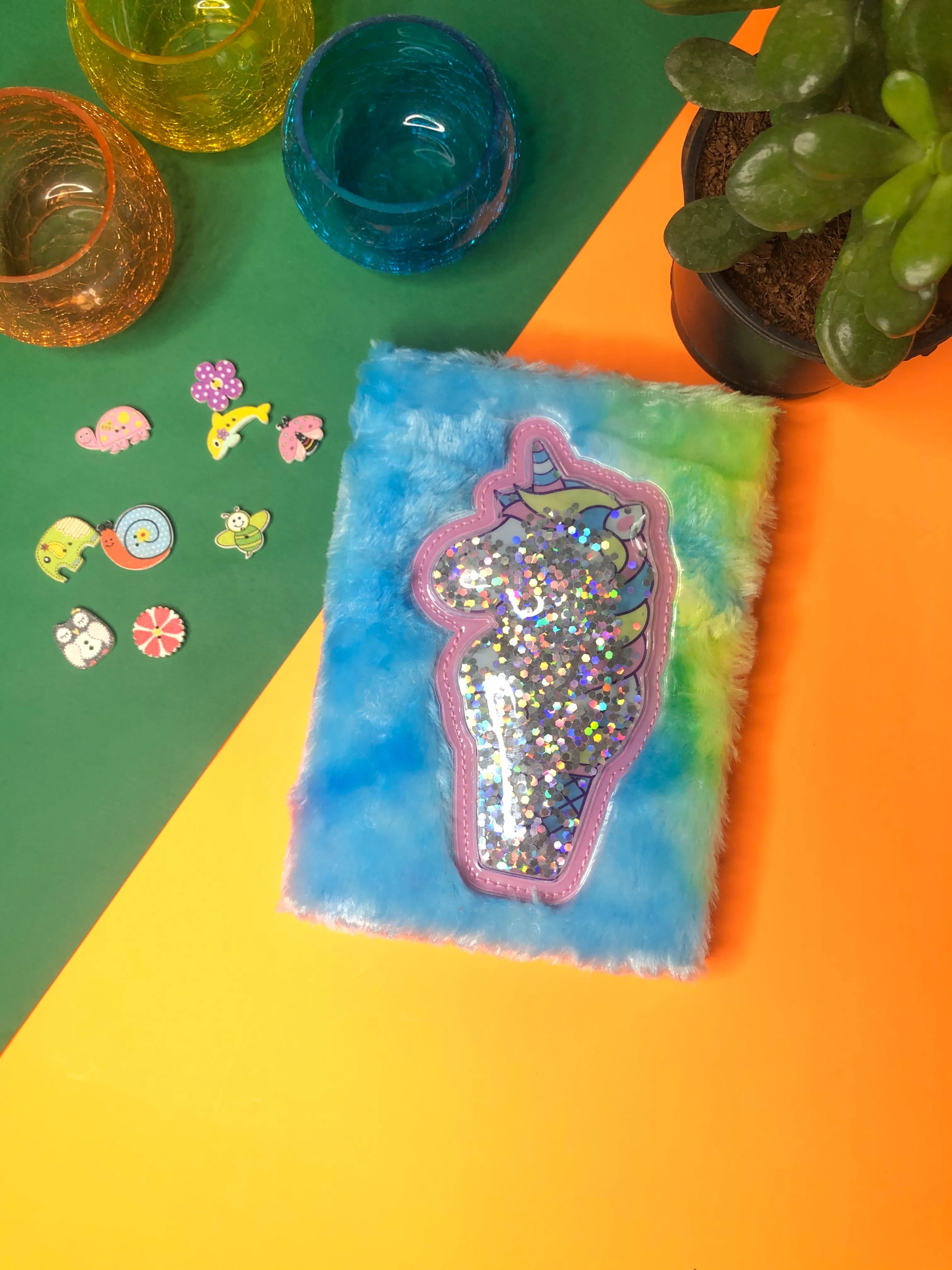 UNICORN 3D GLITTER | Fur A5 Size Diary | Ruled page | Bookmark String |