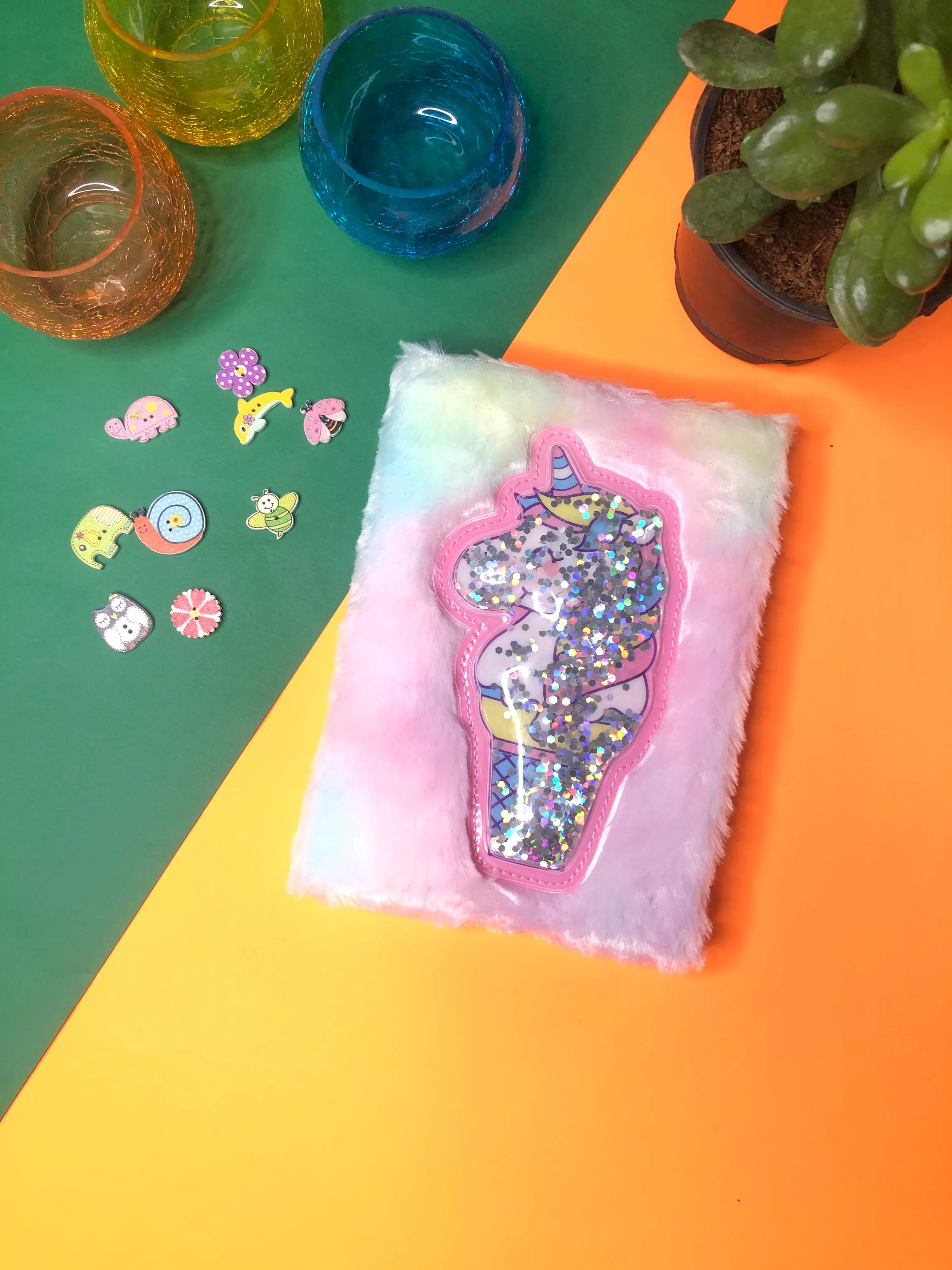 UNICORN 3D GLITTER | Fur A5 Size Diary | Ruled page | Bookmark String |